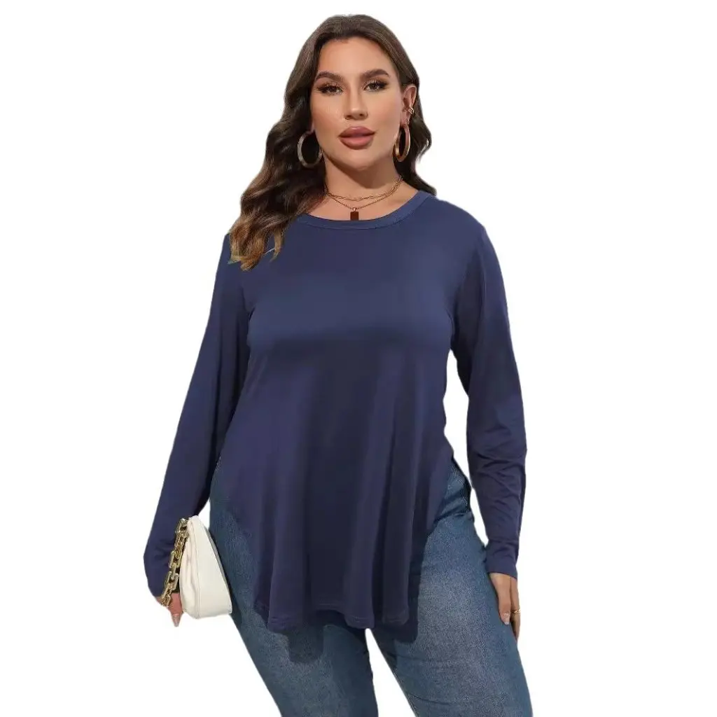 

Женская футболка больших размеров с круглым вырезом и длинными рукавами, асимметричная повседневная однотонная нижняя рубашка, топ на осень-зиму