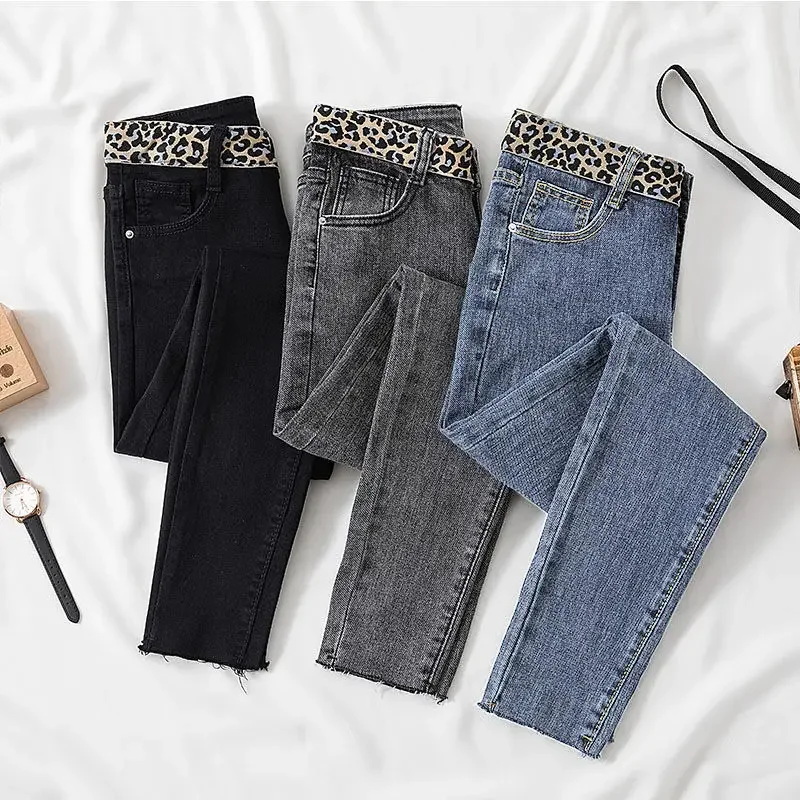 봄과 가을 신상 한국 스타일 하이웨이스트 스키니 슬림 슬리밍 레오파드 프린트 펜슬 팬츠 청바지 여성 트렌드
