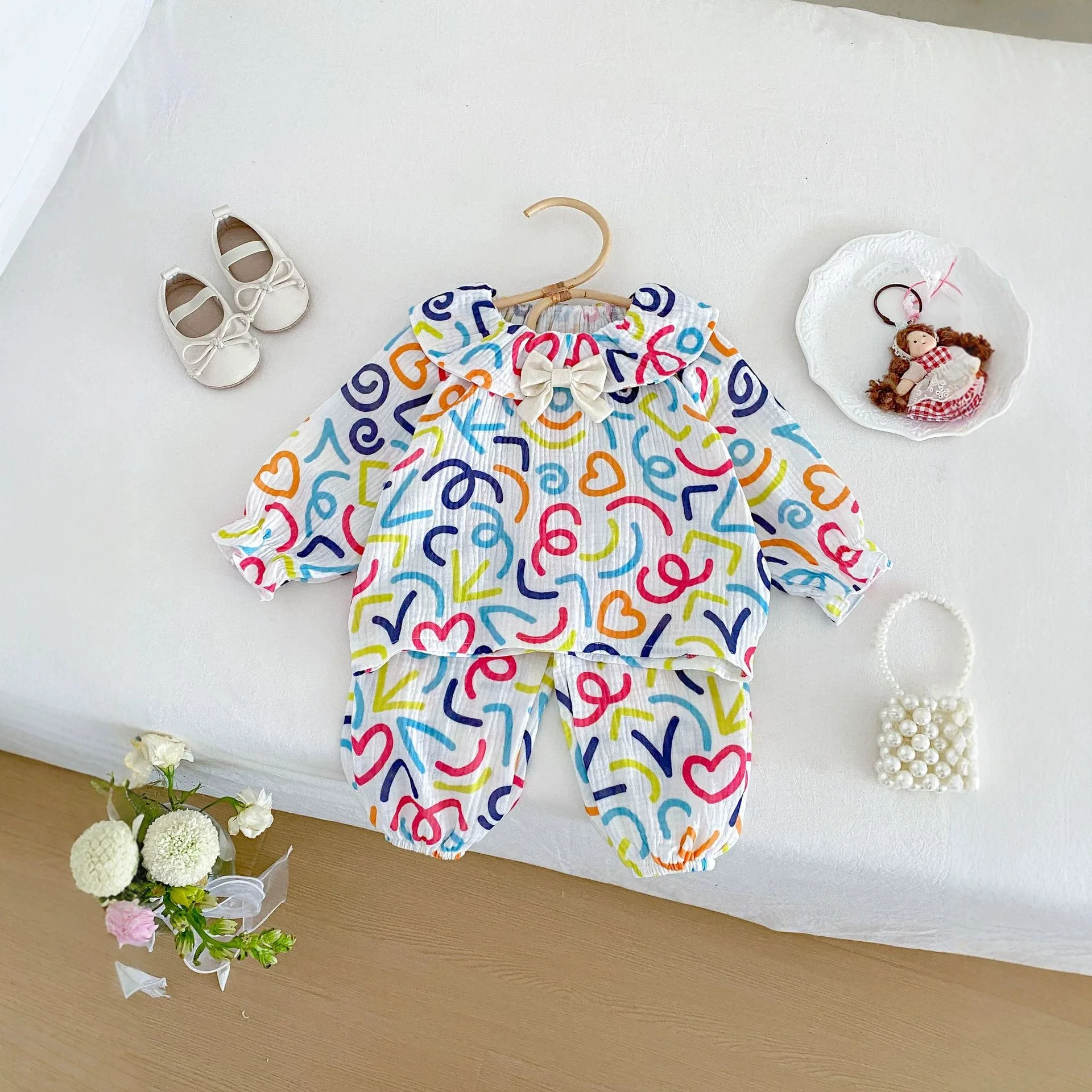 2026 New Fall Baby Girls Cotton Gauze Pajama Set | Lightweight Loose Loungewear | Colorful Long Sleeve 2Pcs Set