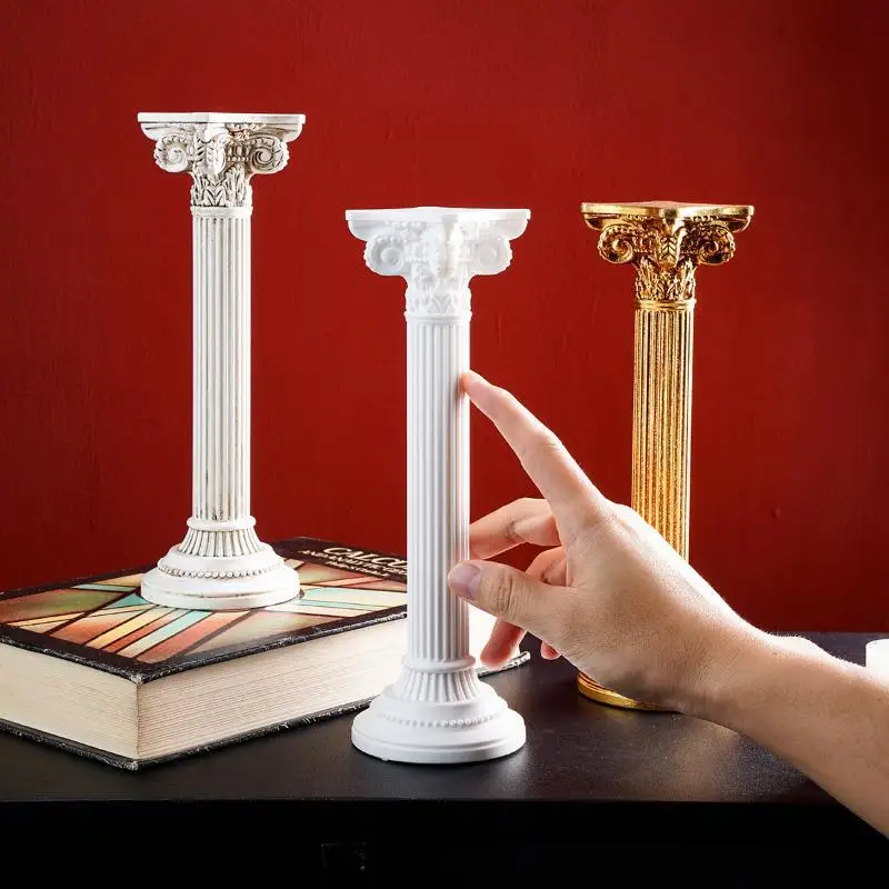 3-Color Resin European Retro Roman Column-Shaped Decorative Candlestick, Central Decorative Item On The Desktop
