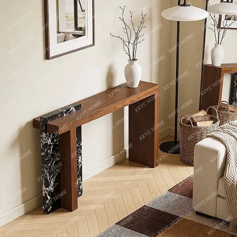 XX Solid Wood Natural Travertine Entryway Console Table Narrow Long Table for Hallway Living Room Creative Decor