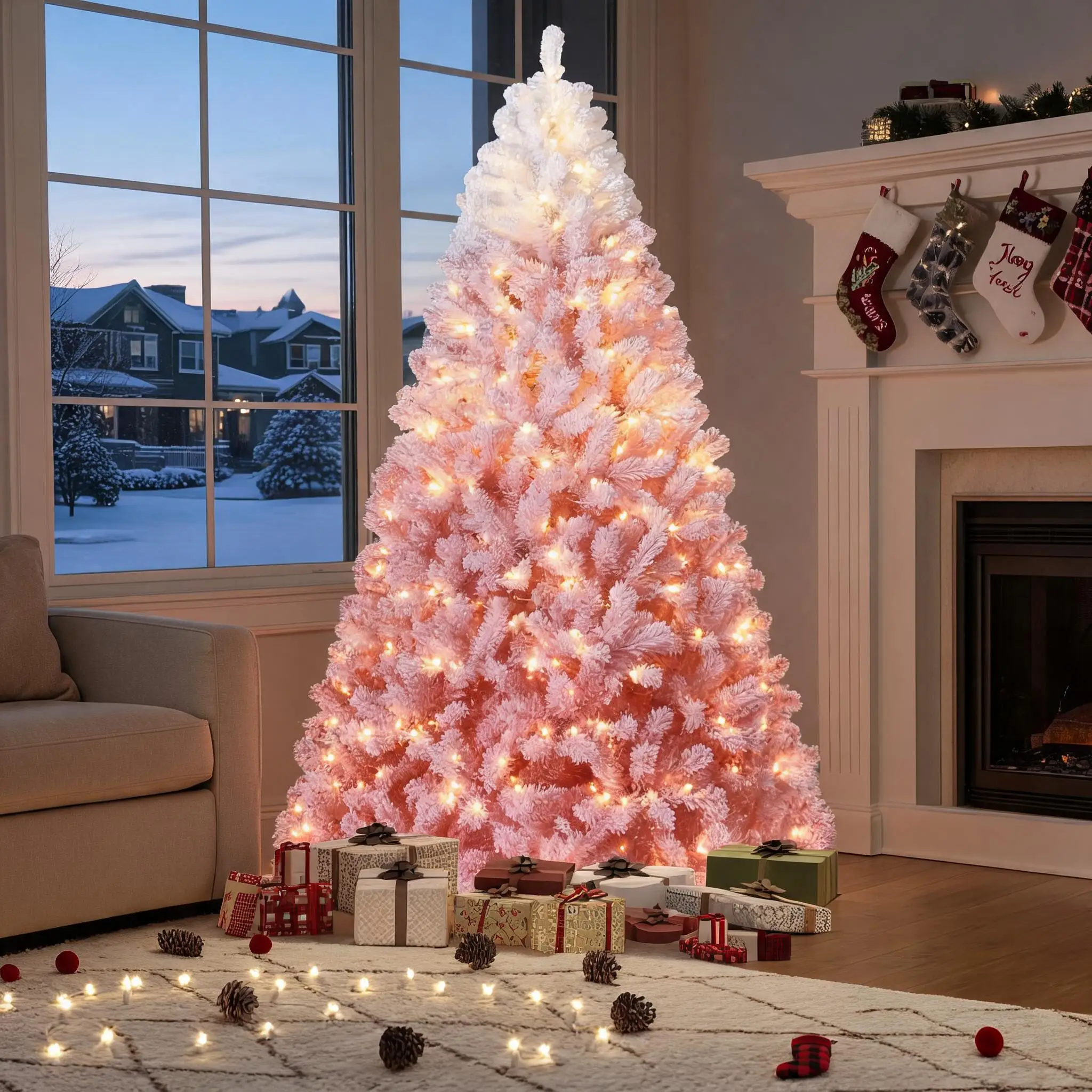 Pink Flocked Prelit Christmas Tree 9 FT, Artificial Xmas Tree with Warm White Lights & Metal Stand, Snow Flocked Holiday Decor for Girls Room
