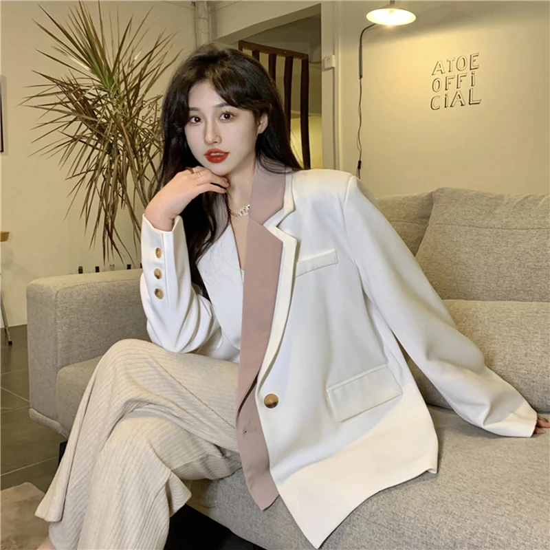 Faux Blazer deux pièces pour femme, veste croisée, Chic, Vintage, tenue de bureau, vêtements d'extérieur, ample, poche, haut blanc, printemps 2020