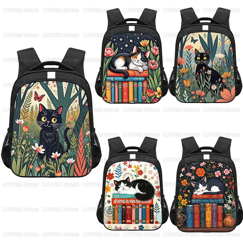 

14/16 Inch Cute Cat Sleeping on The Books Graphic Backpack Reflective Stripe Children School Bags Teenager Daypack Bookbag