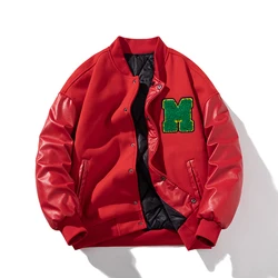 Men Varsity Jacket Winter Women Letter Fashion Baseball Jacket Leather Sleeve Motorcycle Coat Button College Warm Parkas Red