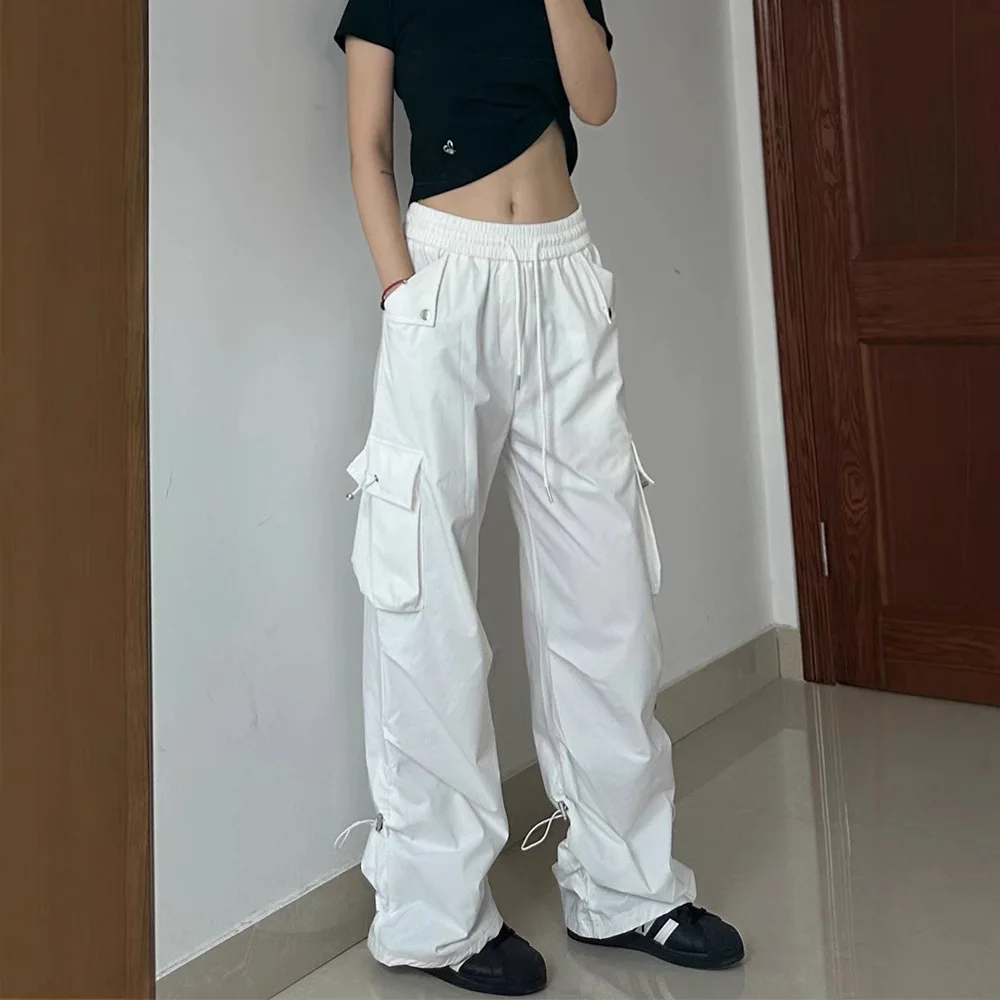 Women's Cargo Pants High Waist Drawstring Wide Leg Baggy Trousers with Multi-Pockets Adjustable Cuffs Streetwear Casual Pants