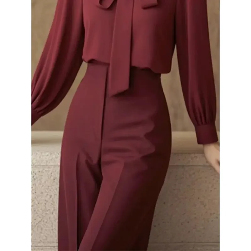 Nuevo traje francés elegante para mujer, moda de primavera, blusa con cordones + pantalones elásticos de cintura alta, conjuntos de 2 piezas para oficina para mujer