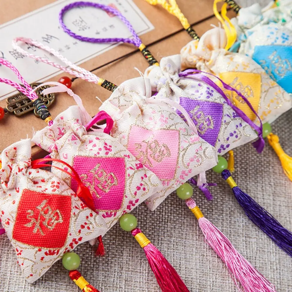 Chinese Brocade Embroidery Tassel Sachet Drawstring Bag Fu Letter Flower Pattern Pouch Hanfu Decoration Jewelry Gift Bags