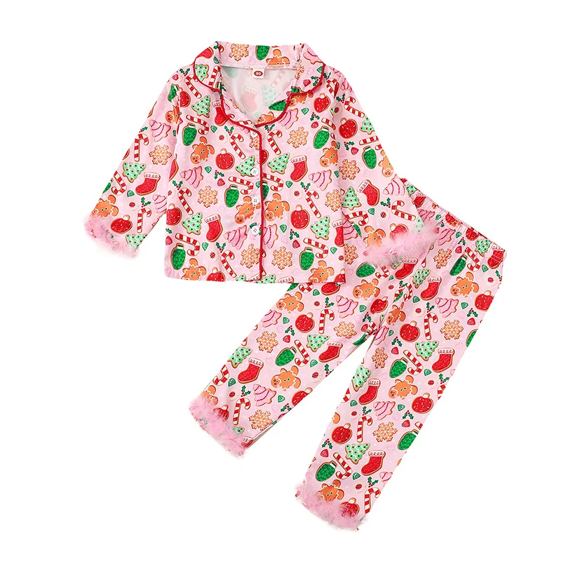 Kids Girls Christmas Pajamas Set Furry Patchwork Long Sleeve Tops with Elastic Waist Pants Sleepwear