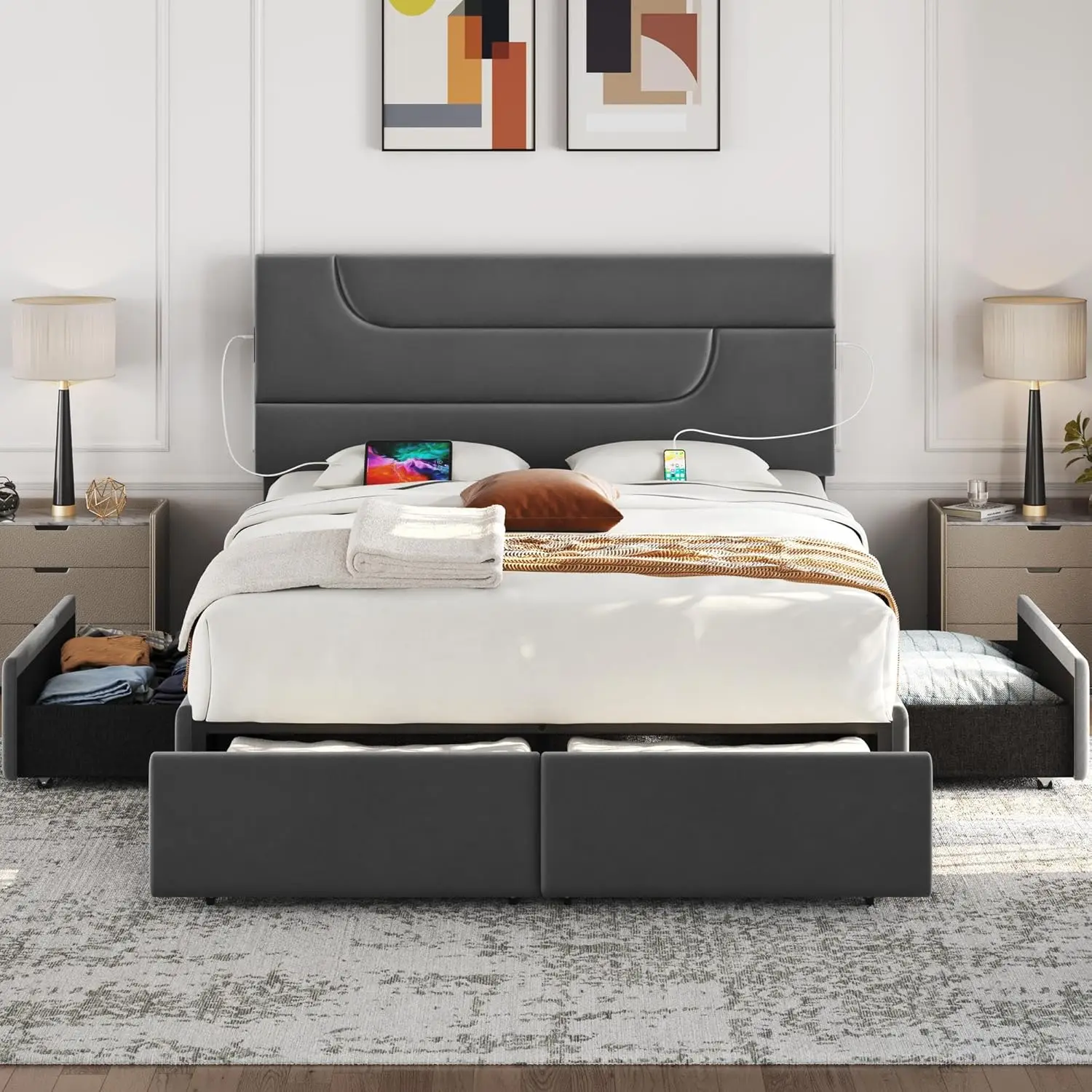 Yaheetech Queen Bed Frame Upholstered Platform Bed With Usb Charging Station/4 Storage Drawers/Streamlined Headboard/Mattress