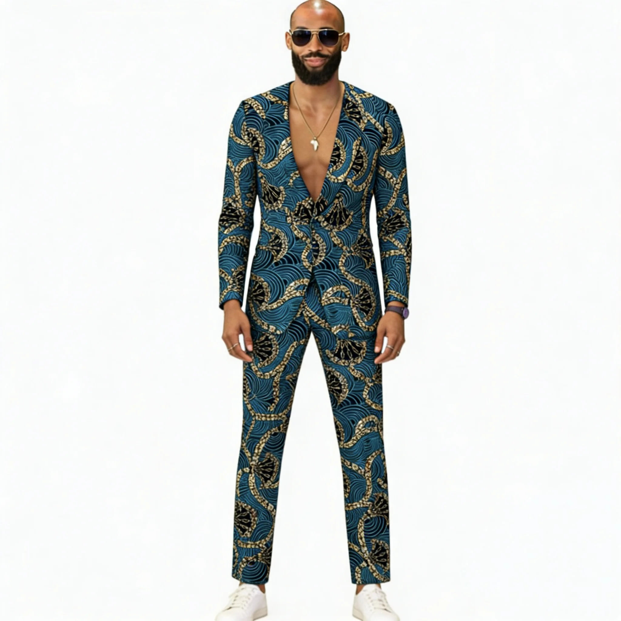 Men's Couture Collarless Suit Jacket Set Colorful Print Trousers African Wedding Festive Male Outfit Blazer Ensemble