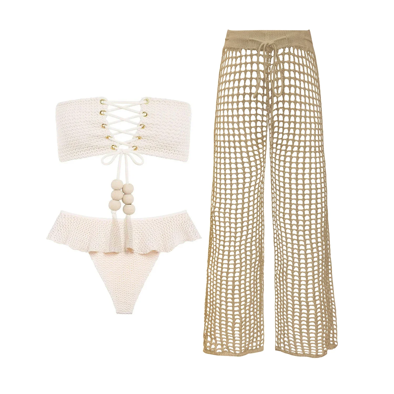 

Sexy 3Pcs Bone Crochet Bikini With Beach Pant Women Swimsuit Female Swimwear Corset Biquini Cut Out Swim Suit Bodysuit Beachwear