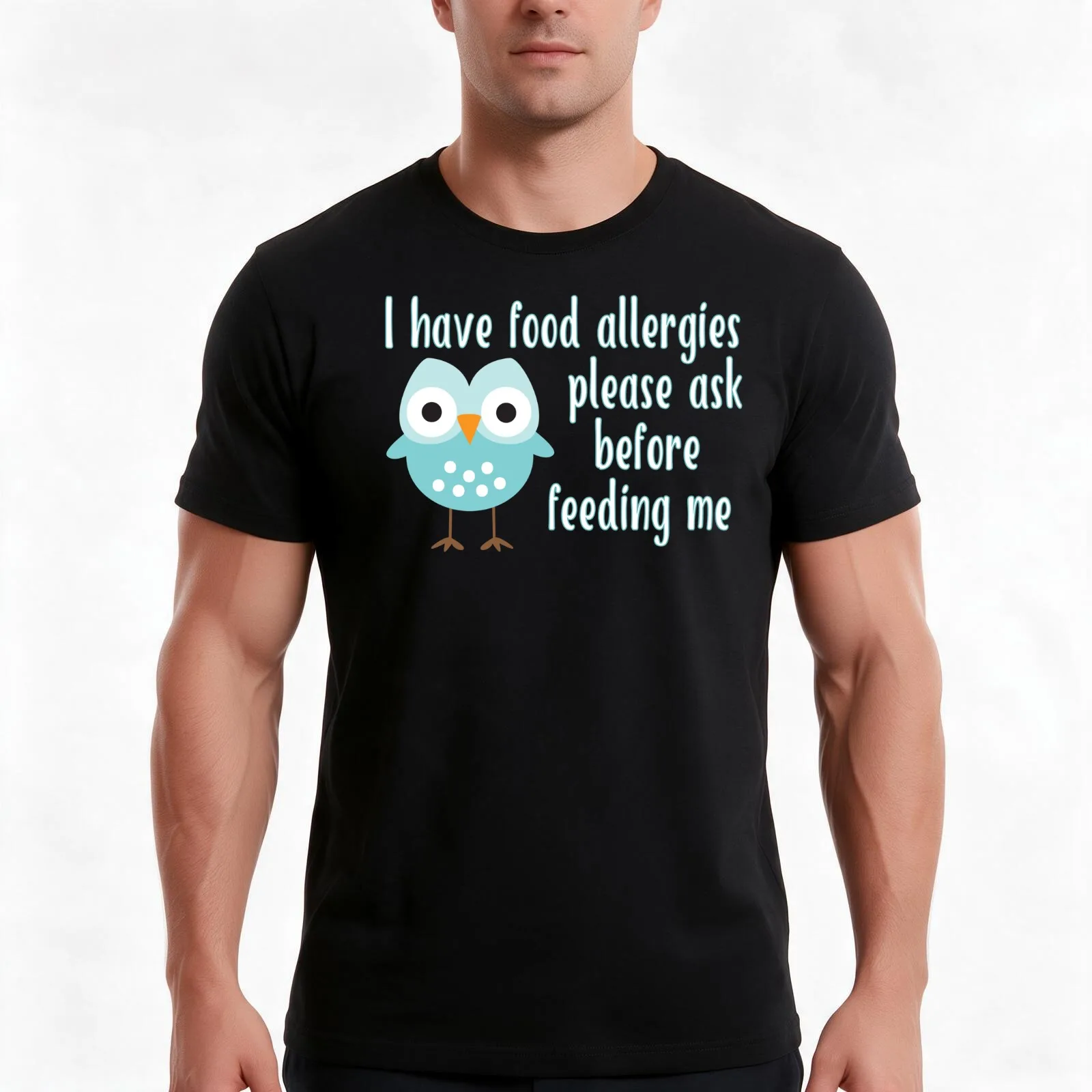 I Have Food Allergies, Ask Before Feeding Me Owl T-Shirt, Summer Casual Cotton Tee, Oversized Streetwear Tops, Unisex Men Women
