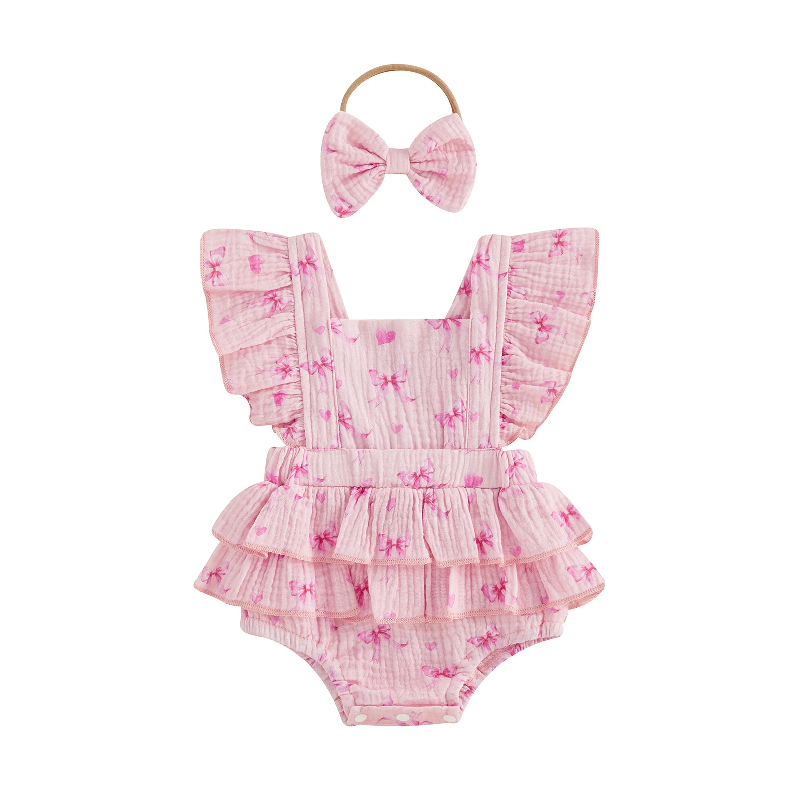 Baby Girls Rompers Bow Print Square Neck Fly Sleeve Ruffles Infant Bodysuits Jumpsuits with Headband