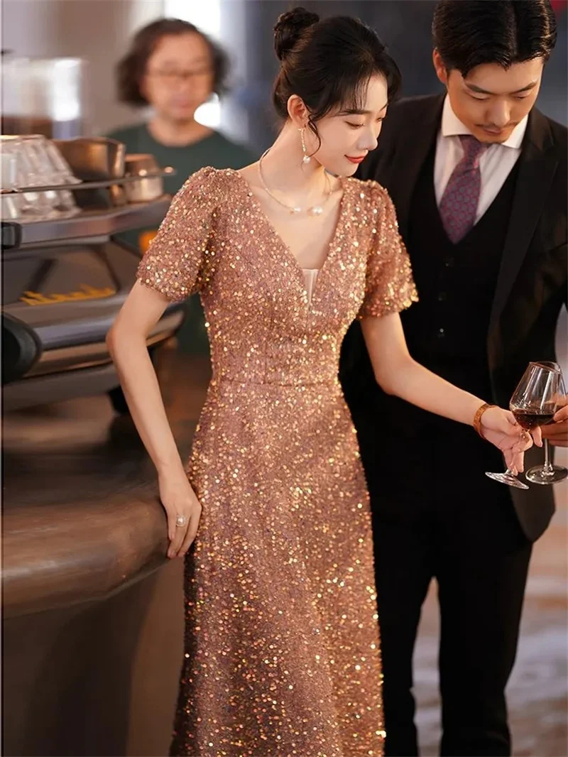 2024 Women Dingzhu Evening Gown New Banquet Temperament High-end Light Luxury Niche French Luxury Sequin Annual Meeting Host