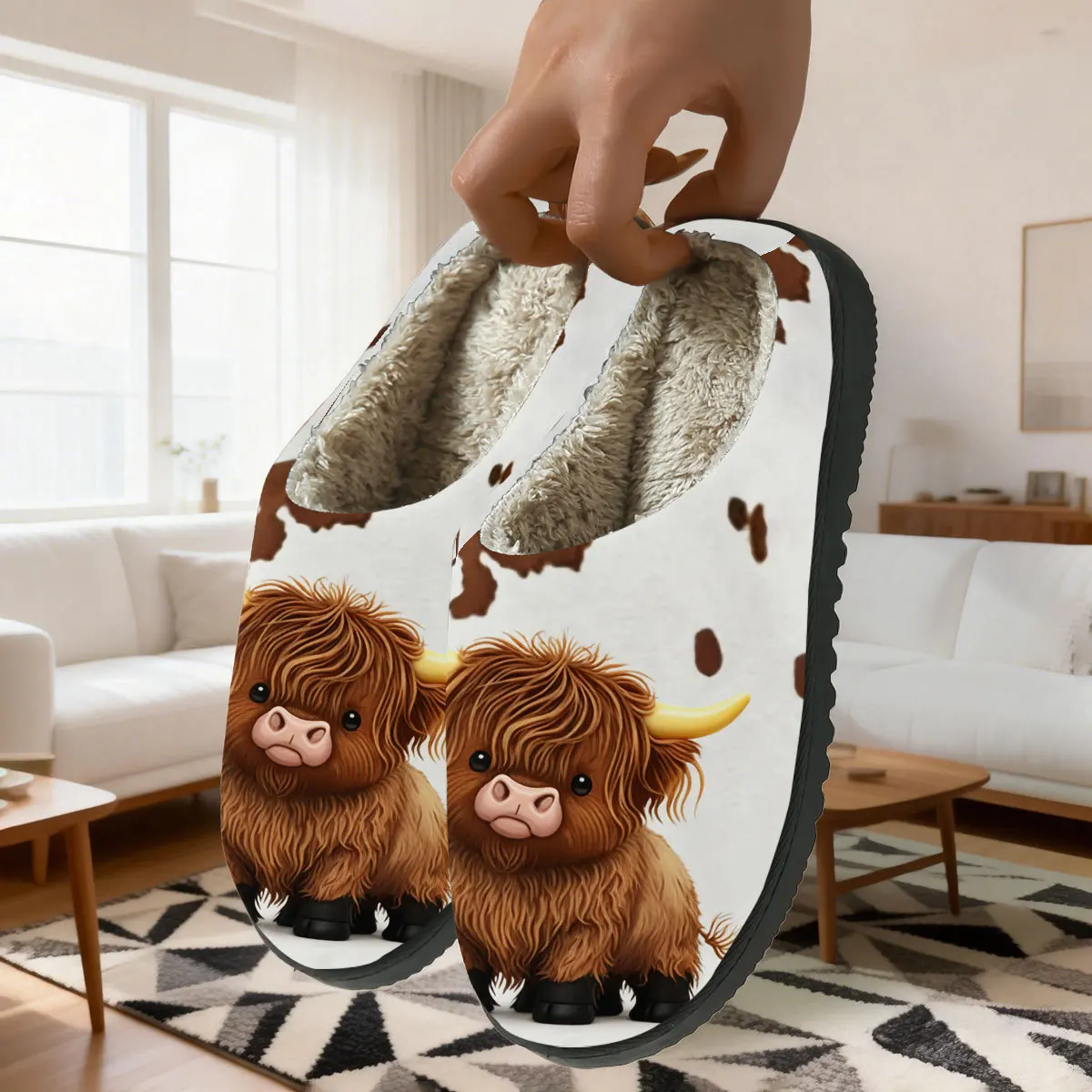 Unisex Cow Print House Slippers Soft Cozy Warm Fleece Non-slip Casual Indoor Winter Slippers for Men Women