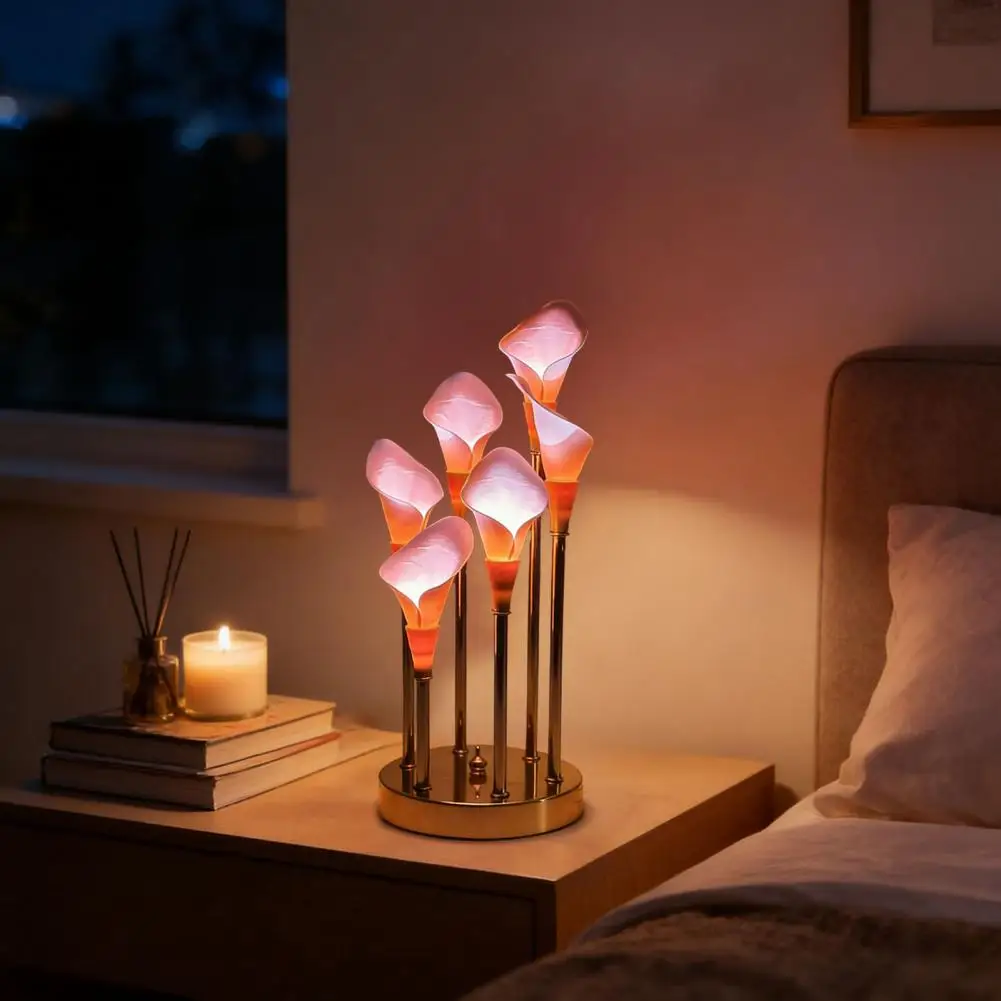 

Прикроватная лампа с искусственным цветком каллы, настольная лампа, светодиодный ночник с мягким теплым светом, энергосберегающий, с цветочным дизайном, для спальни