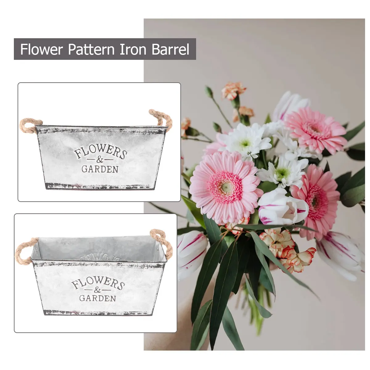 

Iron Rope Flower Bucket Durable Safe Simple Design Home Decor Dry Flowers Plants Holder Vase Garden Pail Container Utensil