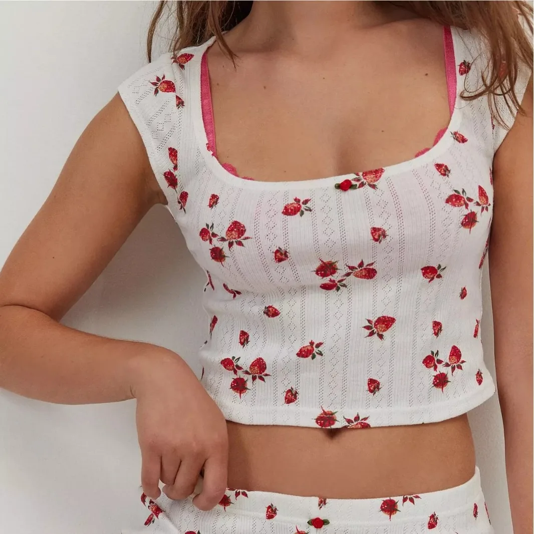 Sleepwear Women Camisoles Shorts 2pcs Set Homewear Print Underwear Heart Print Sexy Ribbed Bow Decor Round Neck Backless