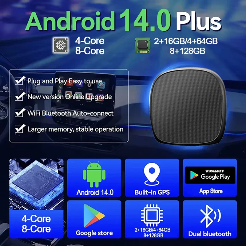2025 CarPlay AI Box Android 14 Wireless Carplay Android Auto محول 4/8-Core أنظمة ذكاء السيارة لـ YouTube Netflix