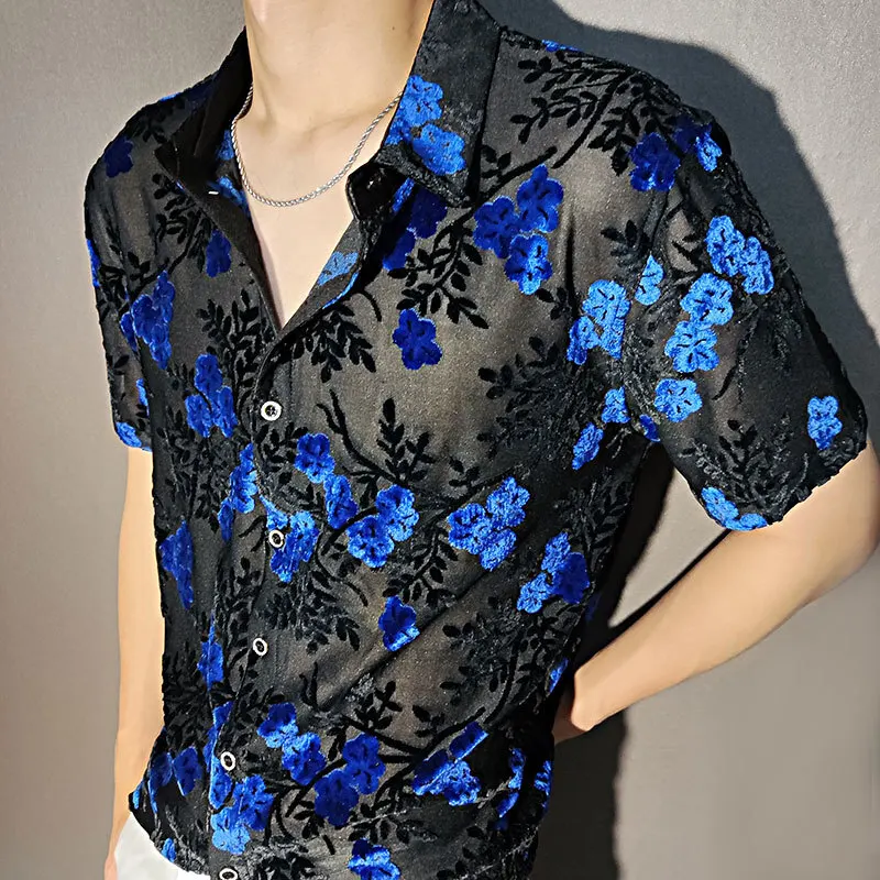 Chemise Homme Sexy See Through Mesh Shirt Men Small Blue Floral Transparent Shirt Men Velvet Club Party Long Sleeve Shirts Men