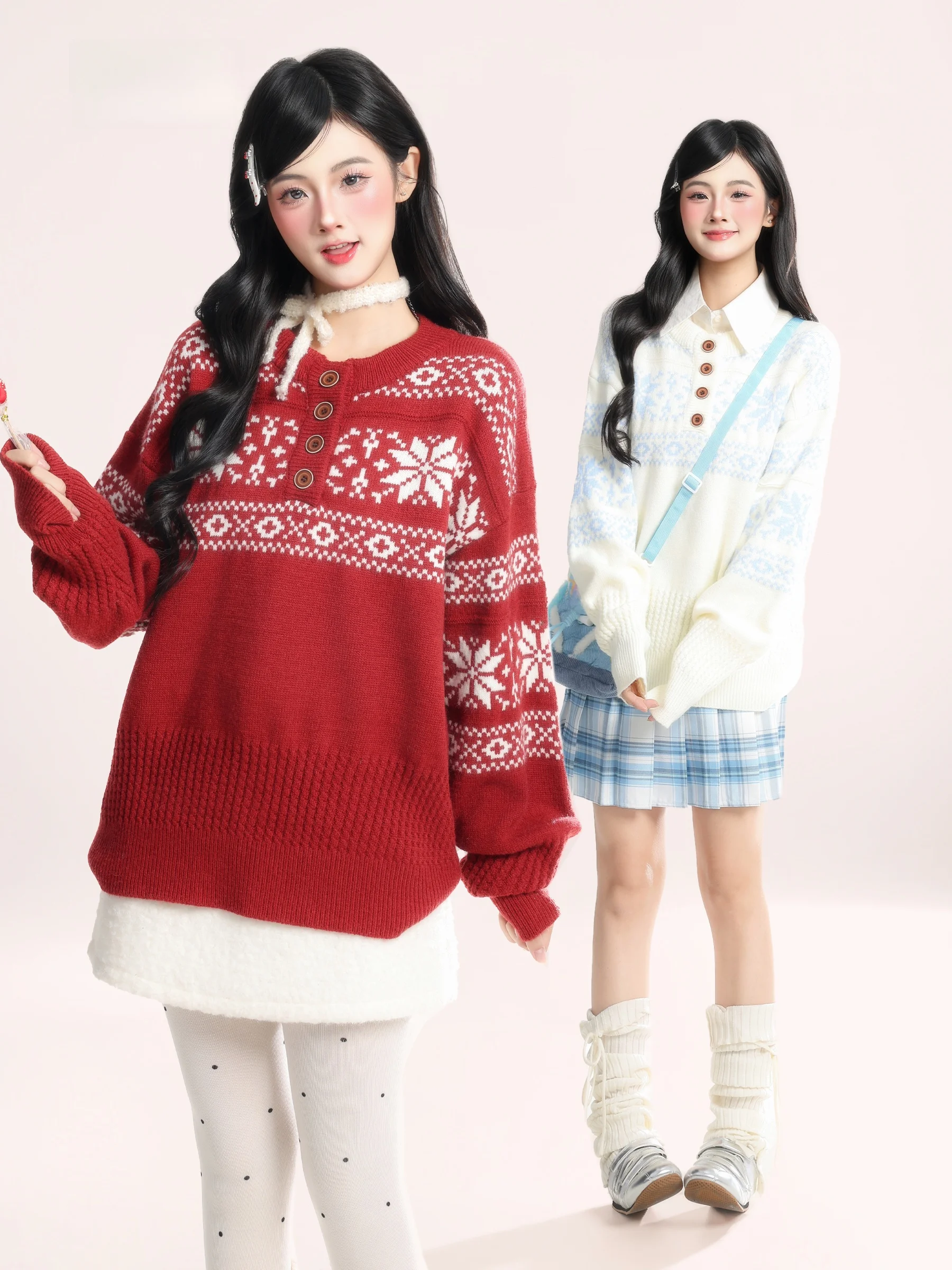 Red Loose Knitted Sweater Women's Autumn Winter Faion Trend Snowflake Embroidery American Retro Sle New Year's Top