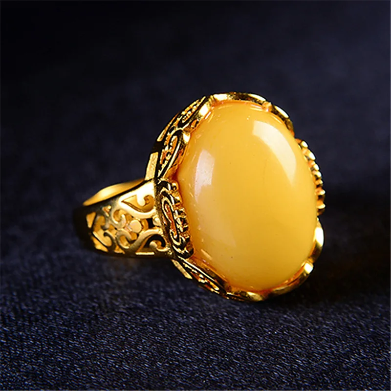Yellow Amber Rings Lucky Amulet Talismans Real Gemstone Vintage Designer Luxury Gifts for Women Natural Jewelry
