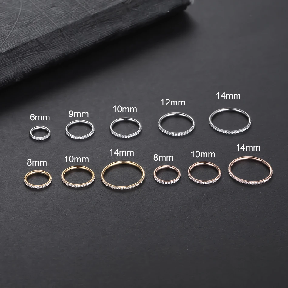 1PC 6-14MM Titanium Nose Rings Septum Clicker Piercing CZ Set Hinged Segment Ear Cartilage Tragus Earring Helix Pirsing Jewelry