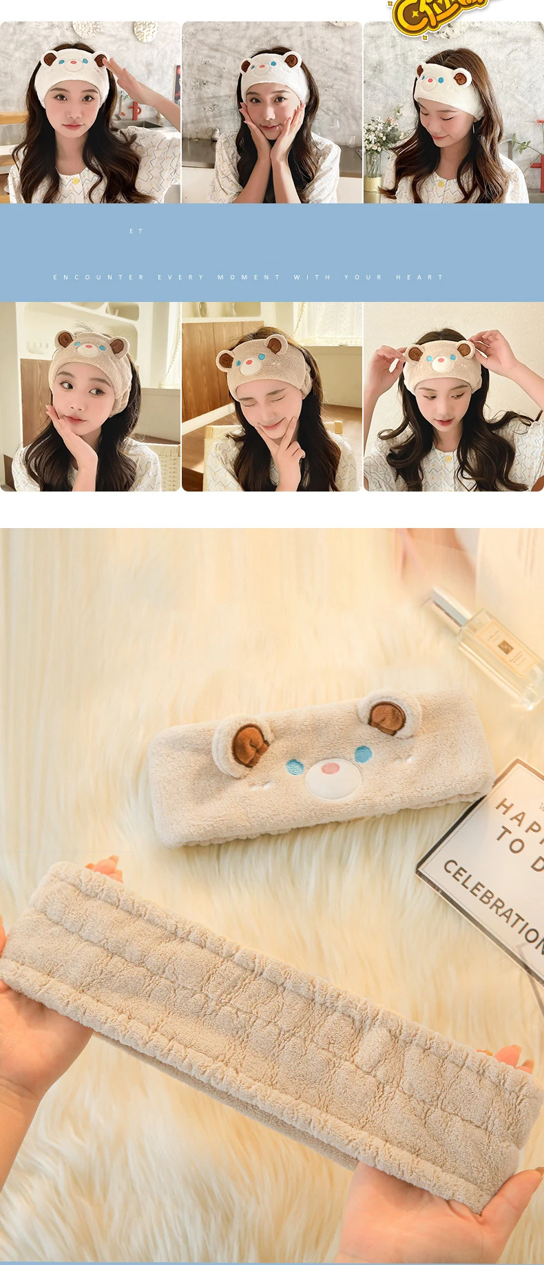 Bear Coral Fleece Facial Spa Stirnband, bequemes und stilvolles Hautpflege-Stirnband zum Waschen von Gesicht und Make-up – Detail 15