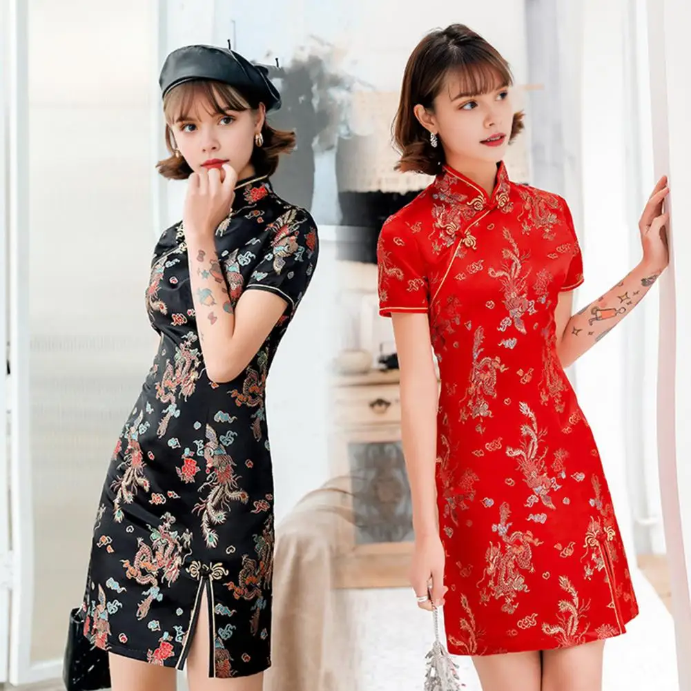 Short-sleeve Cheongsam Elegant Dragon Phoenix Print Cheongsam Dress for Women Slim Fit Retro Chinese Style Qipao for Wedding