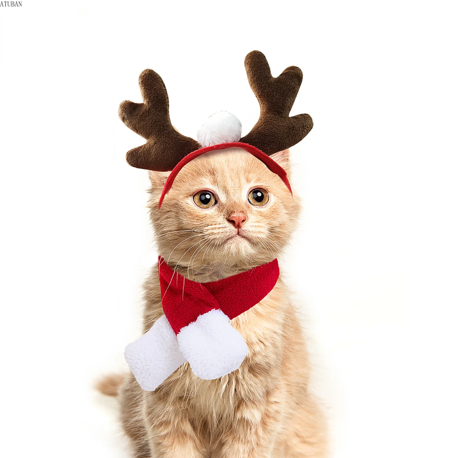 ATUBAN  Small Dog Costume Christmas , Cat Santa Pet Christmas Reindeer Antlers with Scarf for Cat, Small Dog puppy accessories