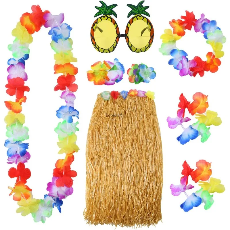 Elcoho 8 قطع تنورة العشب النظارات الشمسية Leis قلادة سوار مجموعة Luau زينة للأطفال والكبار مجموعة أزياء الهالوين