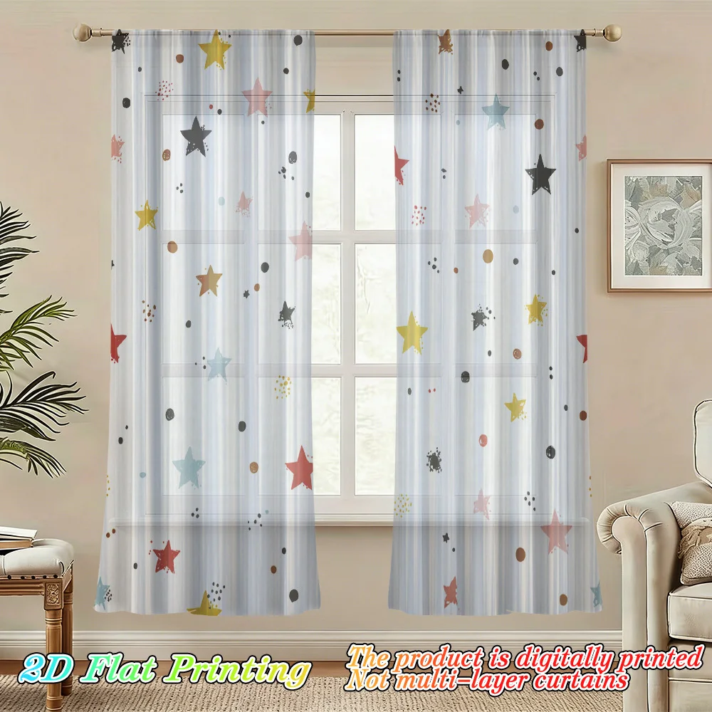 2pcs Sheer Curtains Stars Dots Stripes Colors Pattern Rod Pocket Window Drapes, Filtering Panels for Bedroom Living Room