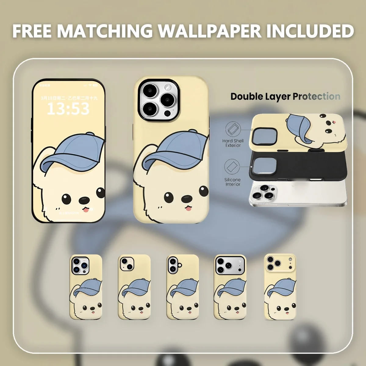 Cartoon Bear Cute Animal Kawaii Style Simple Line Art Blue Cap Red Bandana Dual-Layer Hybrid Phone Case for iPhone 12-17 Series