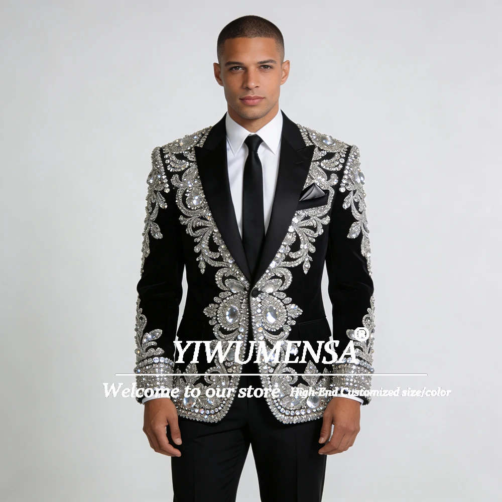 Jewelry Stones Groom Wedding Tuxedos Single Breasted Jacket Pants 2 Pieces Sets Suits Men Plus Size Banquet Dinner Party Blazers