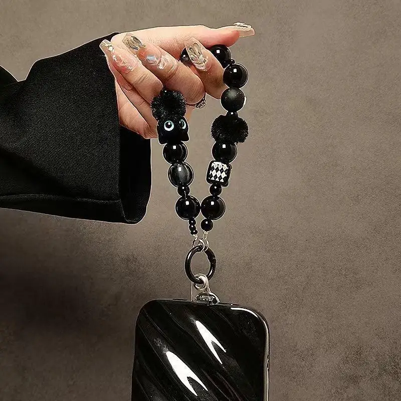 Luxury Black Fluffy Cat Mobile Phone Strap With Beaded Handle Chain Wrist Anti-Theft Clip Bag Accessory
