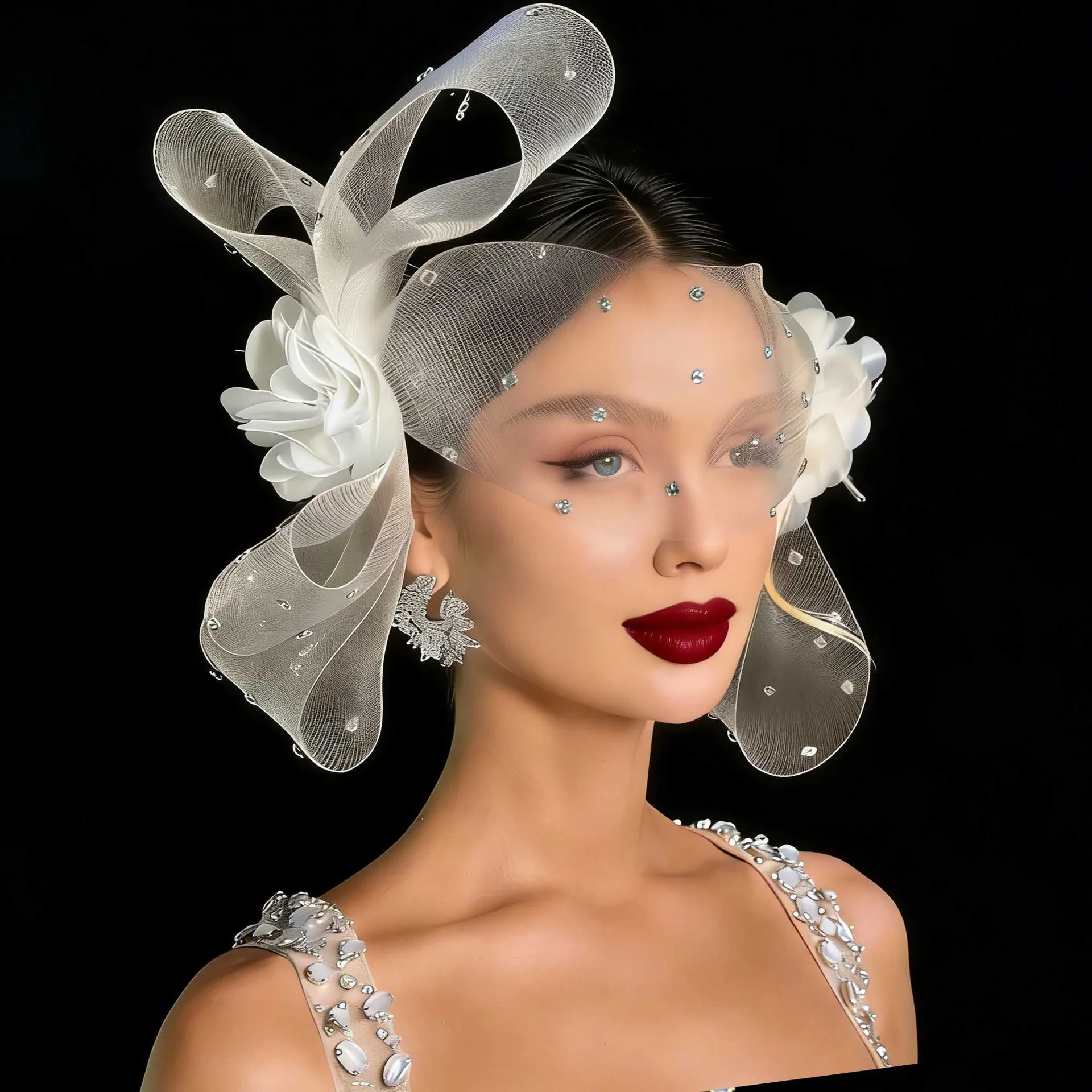 Fashion Stereo Flower Mesh Headwear Bridal Prom Hairpin Veil Head Flower Horse Racing Hair Accessories New Year Veil Short