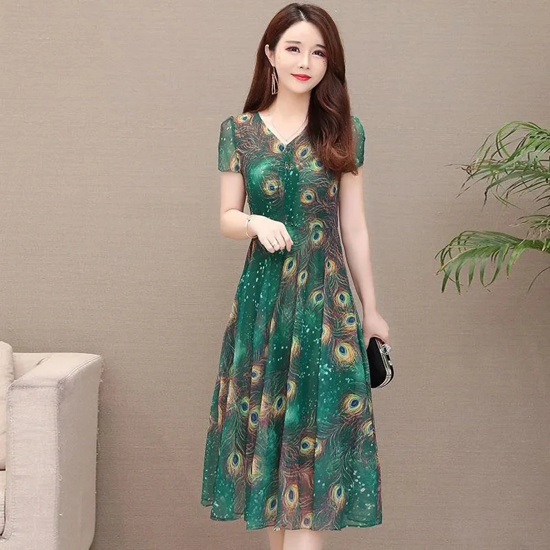 Floral Chiffon Dresses Women 2024 Summer New Temperament A-line V-Neck peacock Print Sweet Vestidos For Women