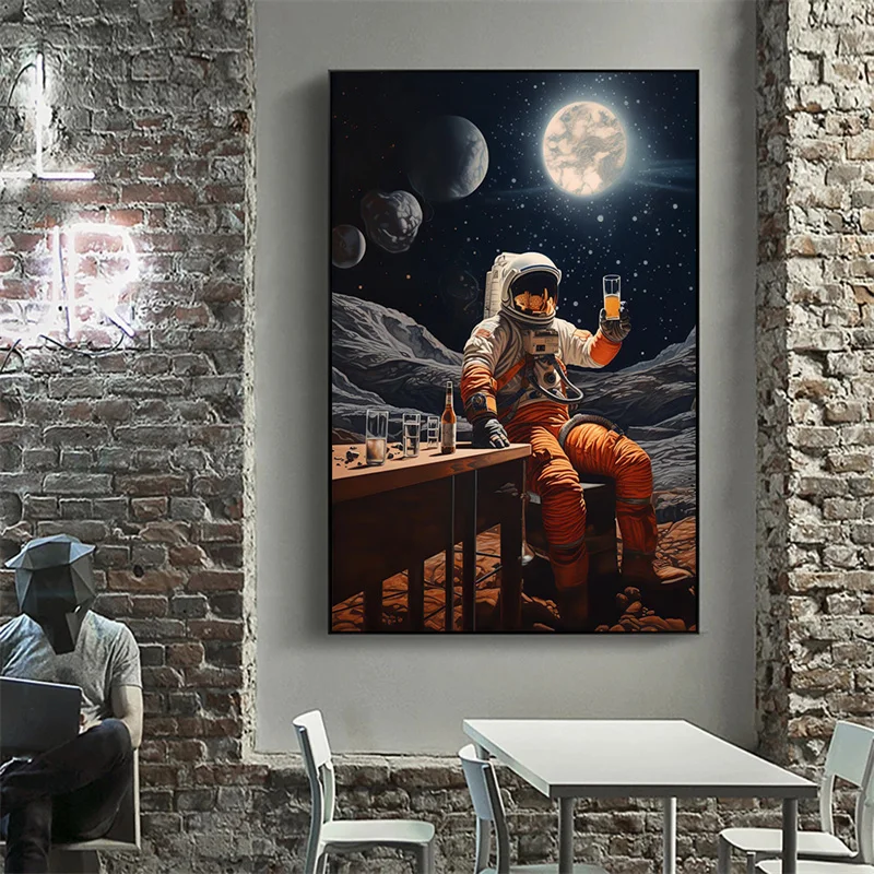 Modern Astronaut Posters Astronaut with Beer on Moon Bar Canvas Paintings Astronauts Playing Poker in The Space Mural Home Decor