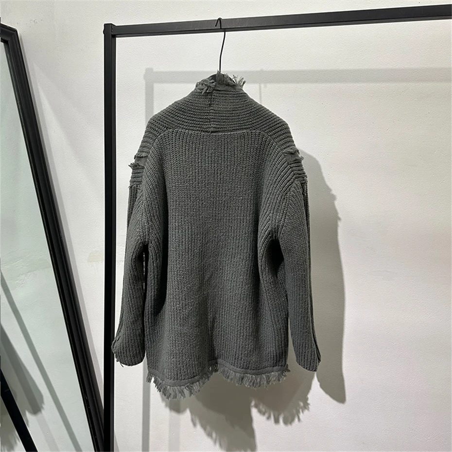 Vintage Raw Edge Knitted Sweater Kimono Cardigans Men Japan Style Streetwear Loose Casual Sweaters Coat Knitwear Jacket