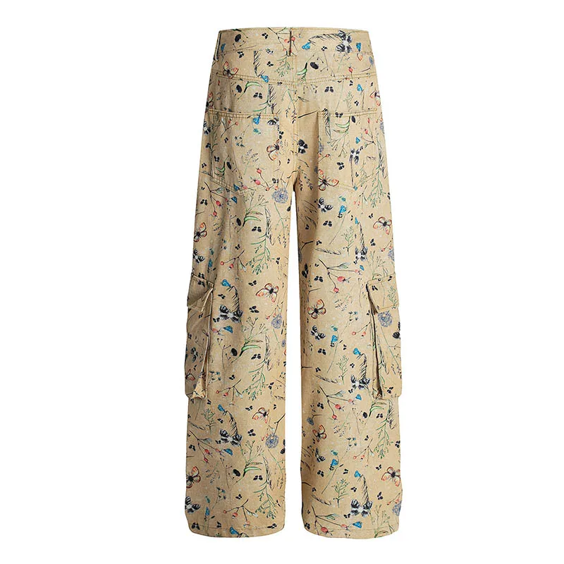 Hip Hop Printed Vintage Jeans Pants Straight Casual Cargo Denim Trousers For Male Multi Pockets