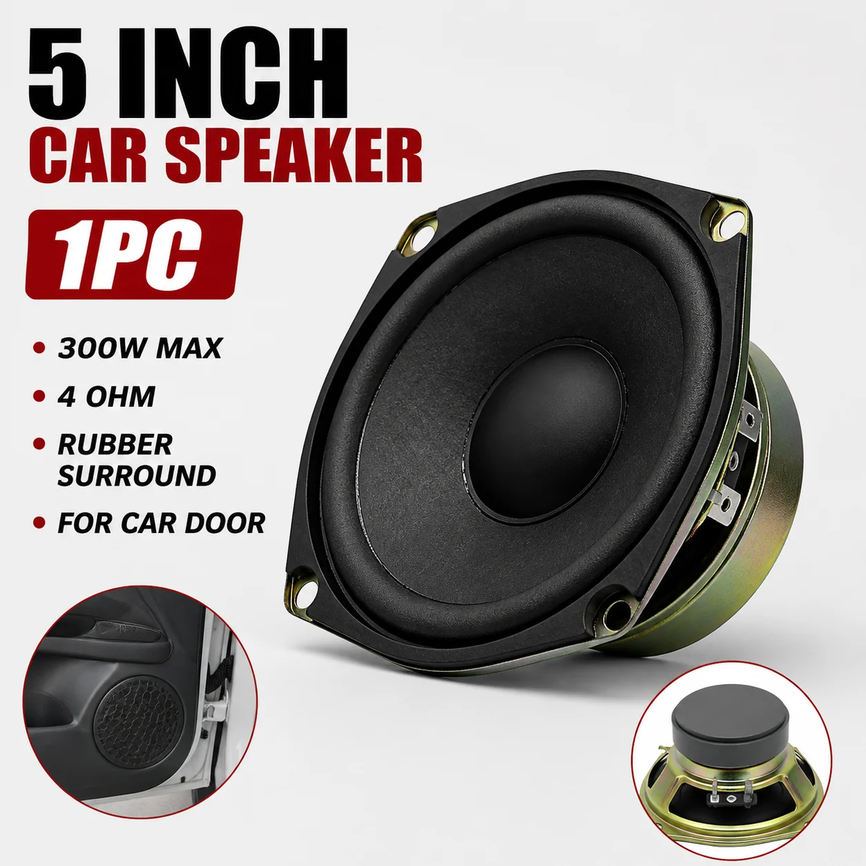1PC 5 Inch Full Range Car Speaker, 300W Peak 4 Ohm Woofer with Rubber Surround for Car Truck Door Audio Upgrade