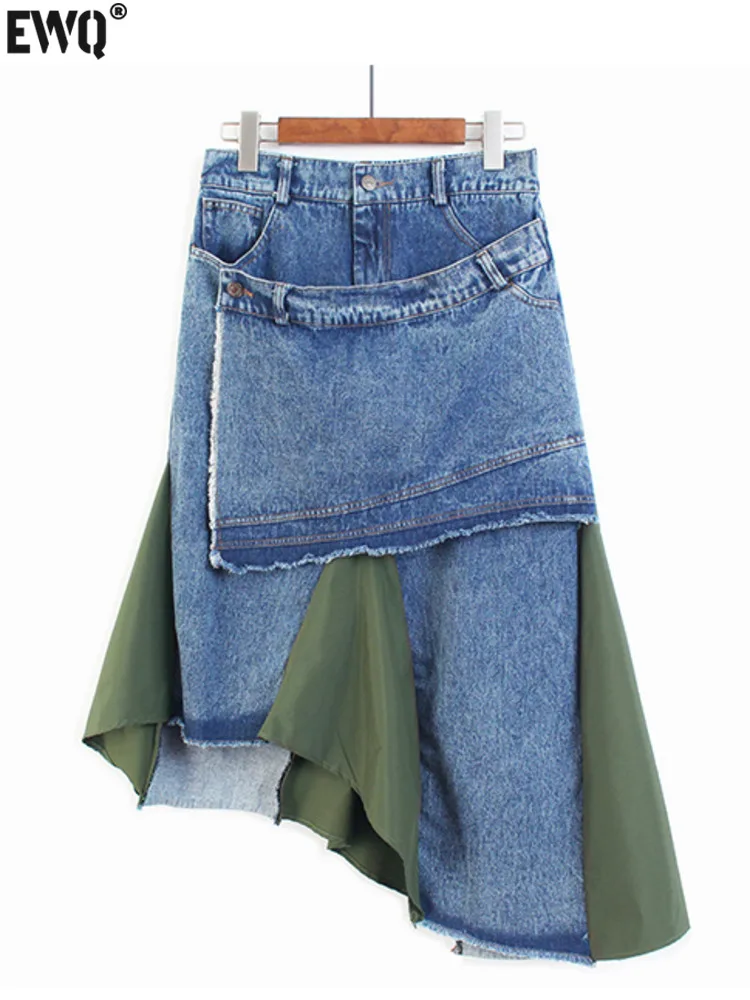 [EWQ] Irregular Denim Skirt 2024 Summer Personality High Waist Loose Streetwear Mid Length Midi Skirts Y2k Ruffle Hem Clothes