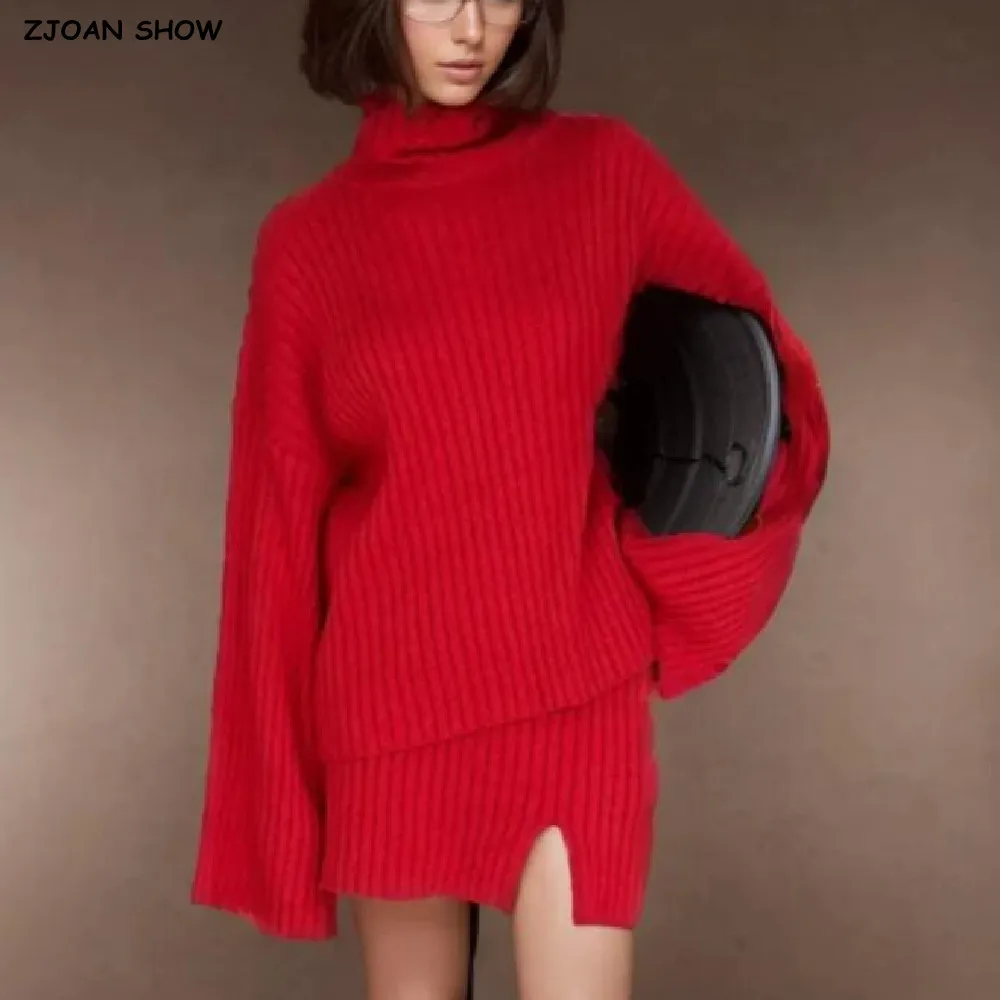 

2025 Autumn Half High Collar Rib Knitted Flare Sleeve Pullover Sweater Elastic High Waist Hem Slit Mini Skirt Red Apricot