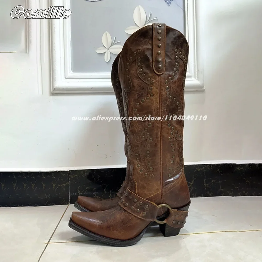 Retro Belt Buckle Rivet Western Cowboy Boots Women 2025 New Pointed Thick Heel Versatile Embroidery Sleeve Motorcycle Boots