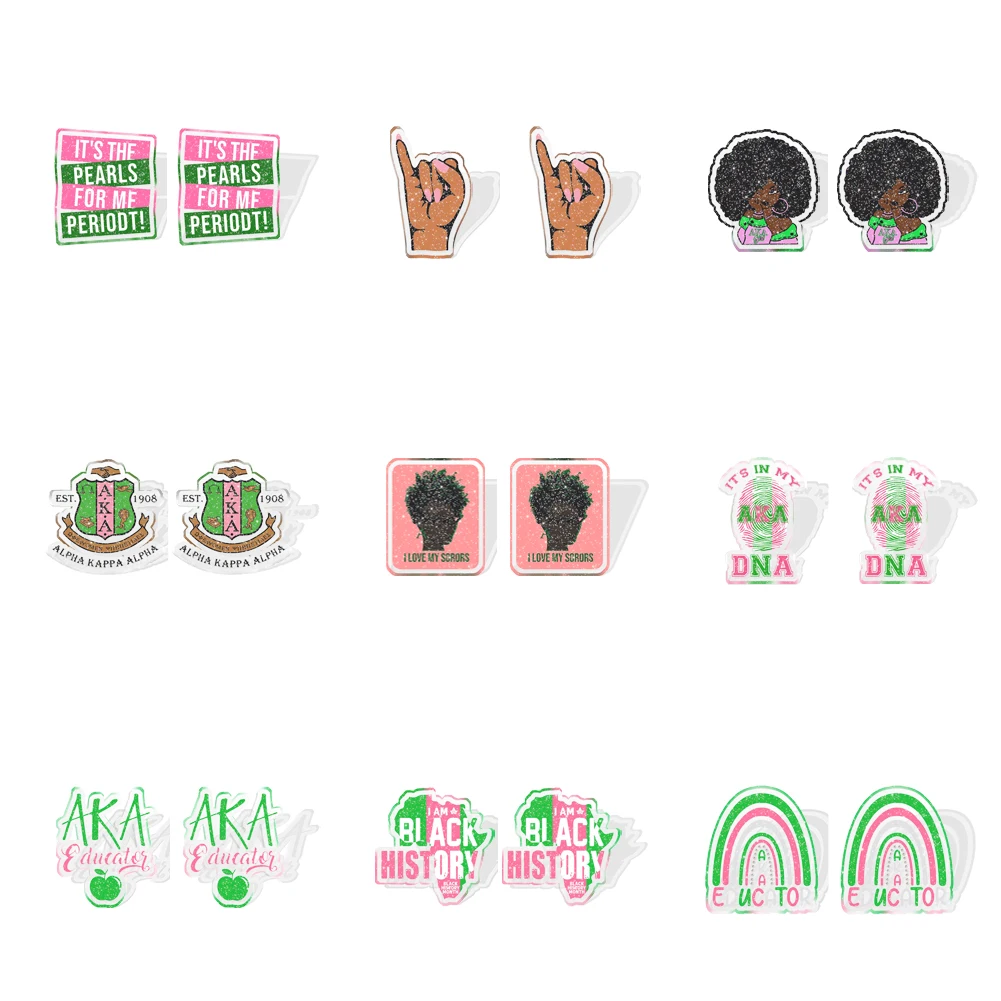 Alpha Kappa Alpha Sorority AKA Women Stud Earrings Transparent Acrylic Glitter Resin Ear Stud Jewelry For Girls Accessories Gift