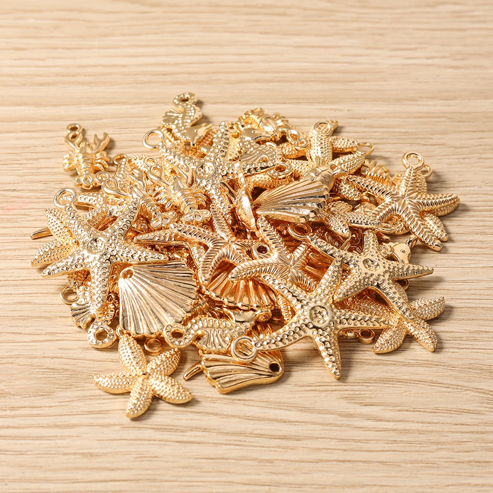 Tusember 10 Stück Anhänger aus Legierung in Goldfarbe mit Seestern-, Hummer- und Muschelmotiven für die Schmuckherstellung, Ohrringe, Halsketten, DIY-Zubehör – Detail 5