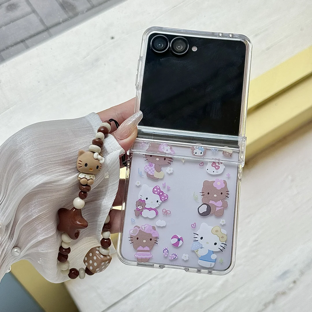 3D 귀여운 만화 헬로키티 비치 섹시 폰 케이스 삼성 갤럭시 Z 플립 7 FE 6 5 4 3 커버 (끈 및 홀더 포함)