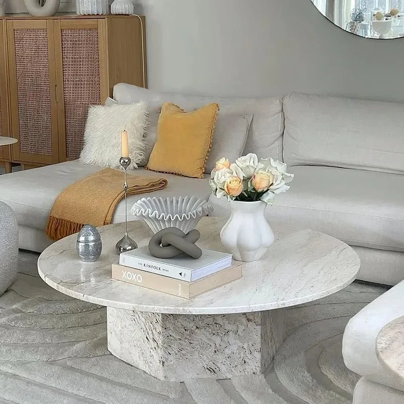Cream Travertine Coffee Table, Instagram Trendy Wabi-Sabi & French Style Round Table, Heat & Scratch Resistant, Natural Veining.