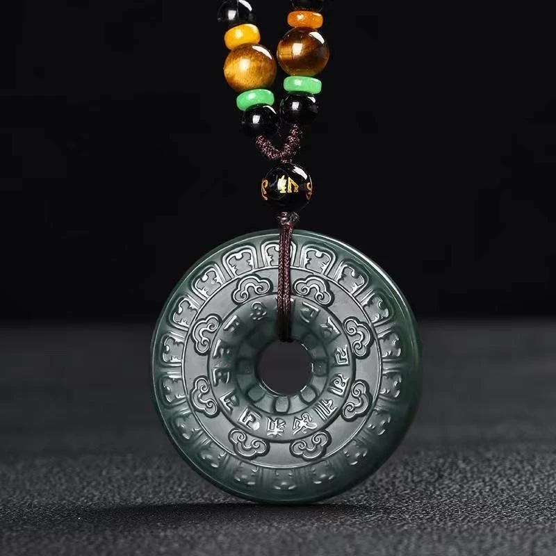Hotan Green Jade Fine Material Six-Character Mantra Peace Pendant Necklace Men and Women